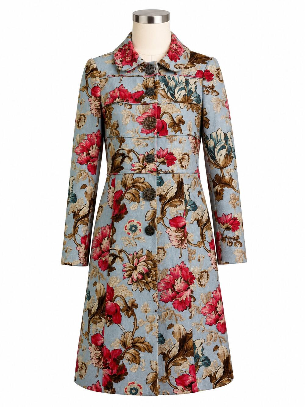Etcetera Floral Wool Coat Blue/Red Botanical Statement Jacket - Size 2